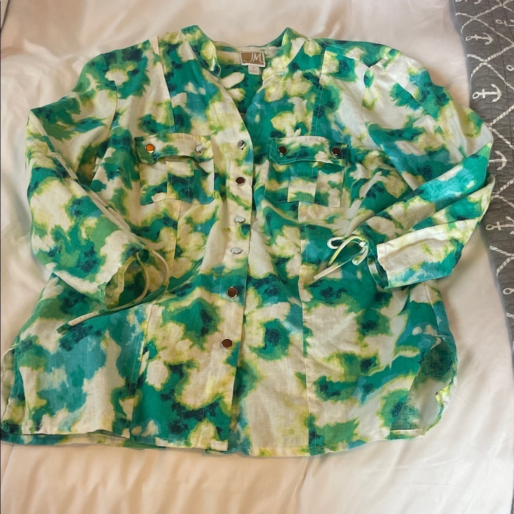 JM Collection Green and White Patterned Blouse 💯 Linen - Picture 2 of 6